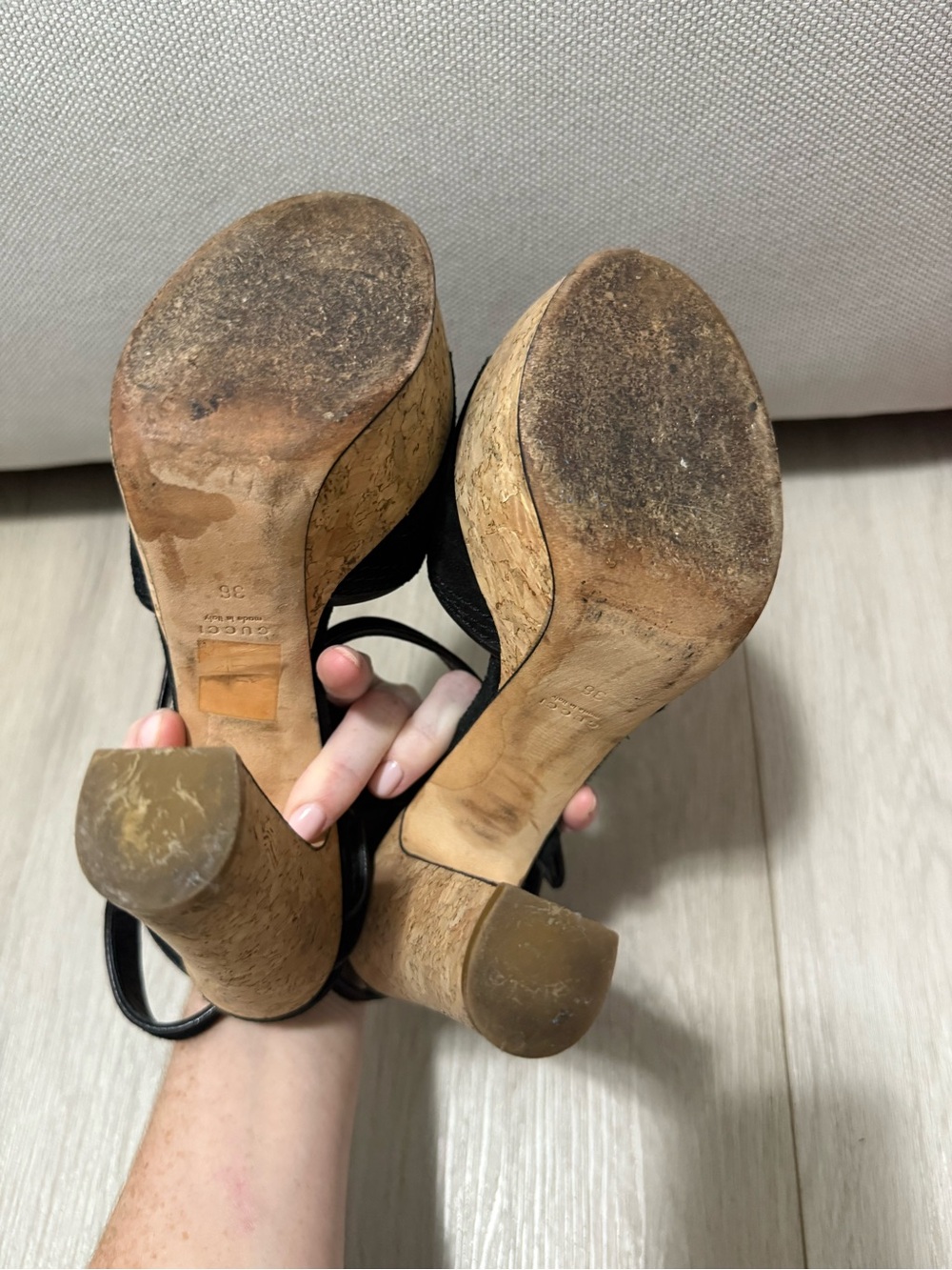 Gucci Black Suede Cork Platform Slingback Heels - Picture 6 of 7